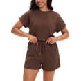thumbnail image 1 of Conjunto de verano de 2 piezas para mujer ATHLECHIC, con blusa de manga corta y pantalones cortos, color marrón, 1 of 1