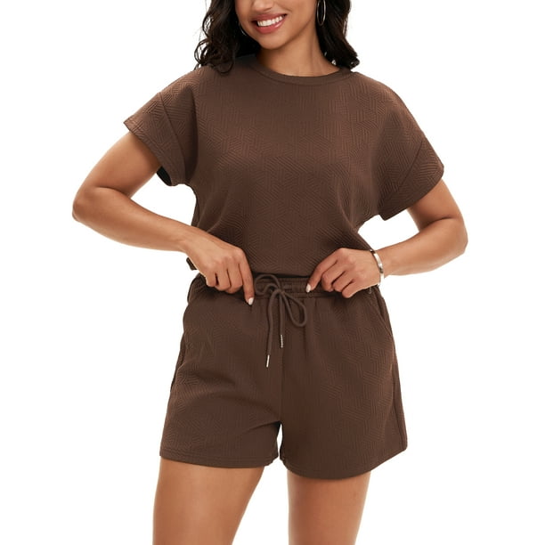 Conjunto de verano de 2 piezas para mujer ATHLECHIC, con camiseta de manga corta y pantalones cortos, talla XL, color marrón