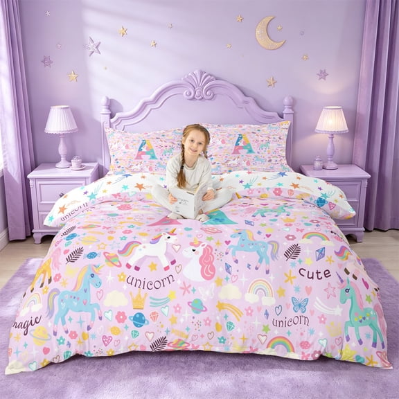 jejeloiu Unicorn Rainbow Monogram A Duvet Cover Set For Girls,Magical Star Initial Bedding Full For Kids,Colorful Stars Reversible,3-Piece(No Comforter)