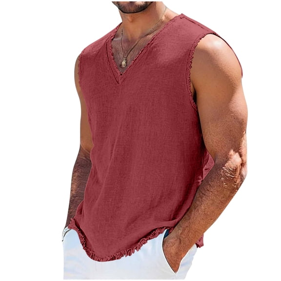 HappyYEE Men’s Linen Tank Tops Fashion Vintage Washed Distressed Sleeveless Tops Loose Lightweight Summer Beach Vacation T-Shirt Wine L