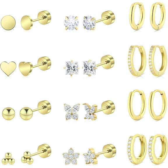 Hypoallergenic Surgical Steel Earrings for Women Men Sensitive Ears Dainty 14K Gold Plated Stainless Steel Earrings Flat Back Gold Small Stud Hoop Cartilage Earring Set for Multiple Piercing