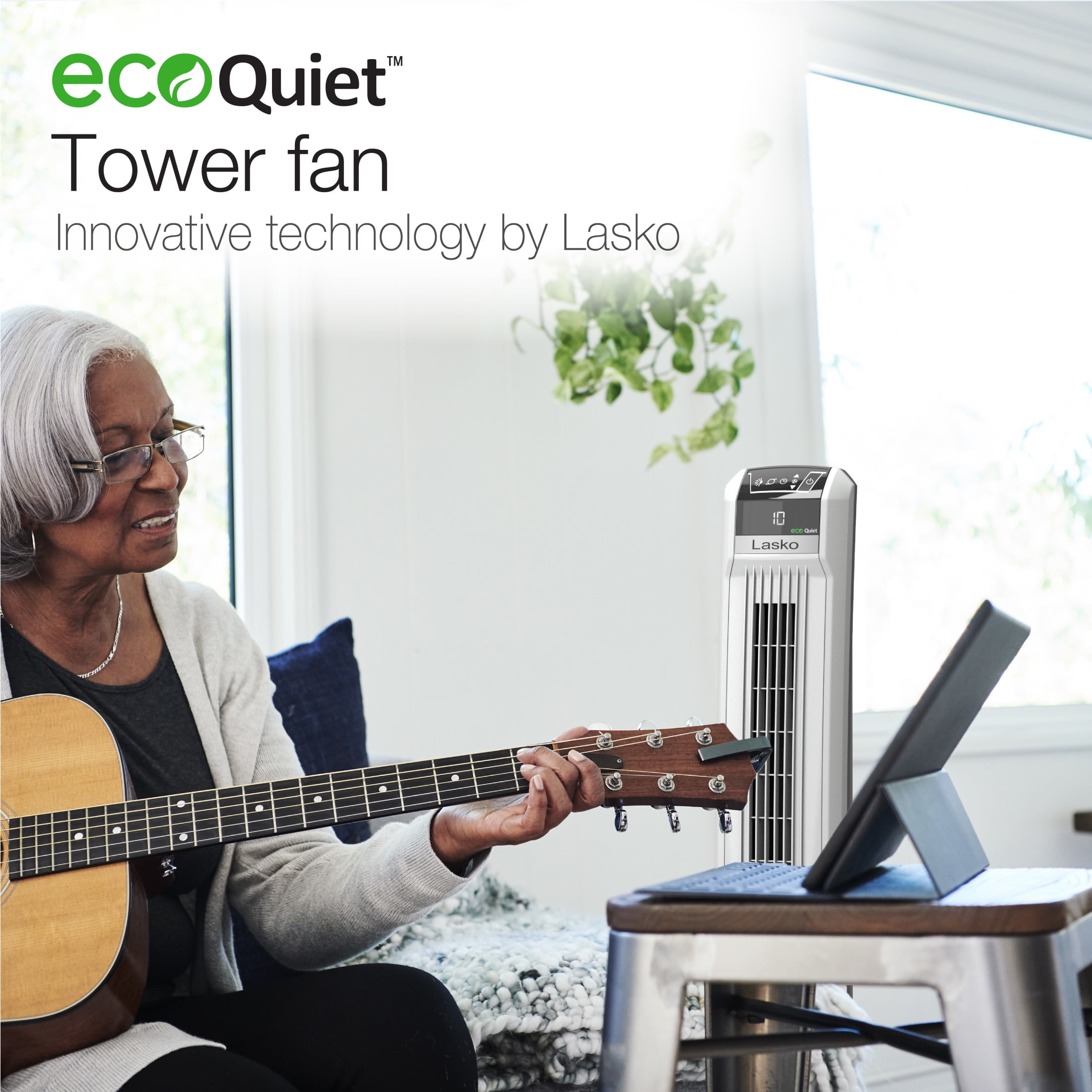 Lasko EcoQuiet 12-Speed Remote Controlled DC Motor Oscillating Tower Fan, T42710