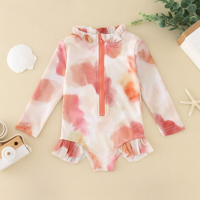 Girl Rash Guard Bathing Suits Flower Graphic Printed Long Sleeve Sun Protection Toddler Girl Bathing Suit 3-4 Years