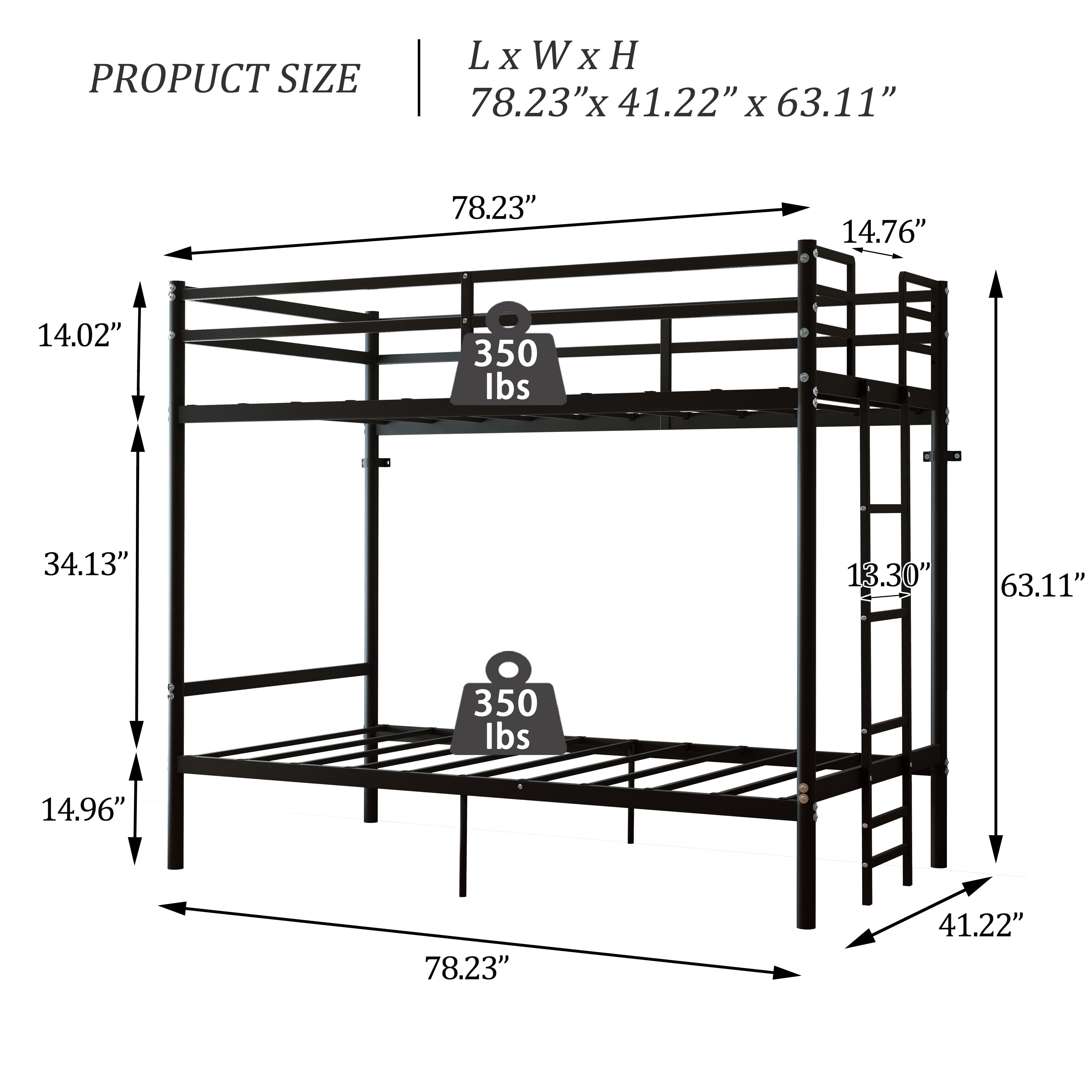 Alvantor Convertible Twin over Twin Metal Bunk Bed with Ladder, Guardrails, Black