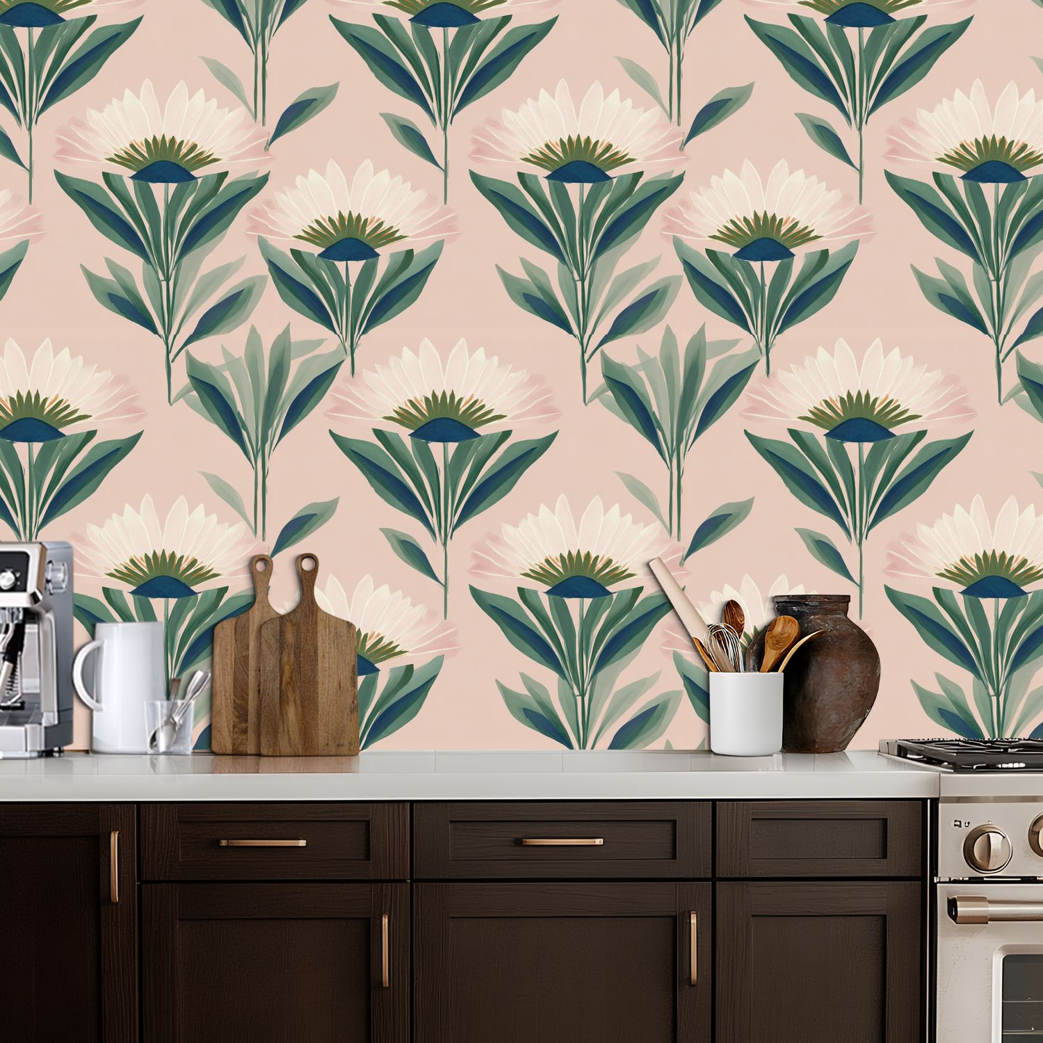 Vintage Peel and Stick Wallpaper Floral White Daisies Green Leaves Soft Pink Wall Mural 17.7in x 9.8ft Self Adhesive Removable Wall Paper Renter Friendly Wallpaper for Nursery Bedroom Cabinets