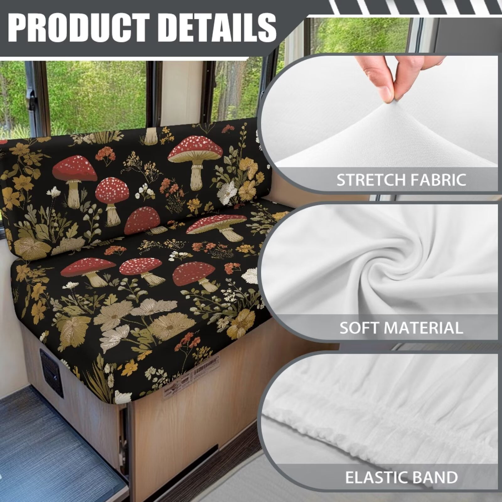 Psesaysky 4 Pcs RV Dinette Couch Covers Stretchable Aesthetic Mushroom Camper Cushion Slipcover Washable Sofa Seat Cover for Travel Trailer with Elastic Edge