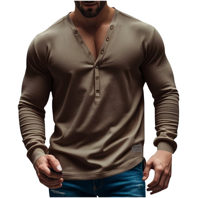 pstuiky camisetas de manga larga para hombre, Camiseta americana de color liso para hombre, de primavera y otoño, informal, de manga larga, con botones y cuello en V s