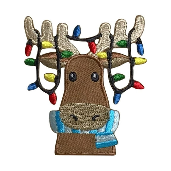 Christmas Moose - Lights in Antlers - Face/Head - Iron on Applique/Embroidered Patch