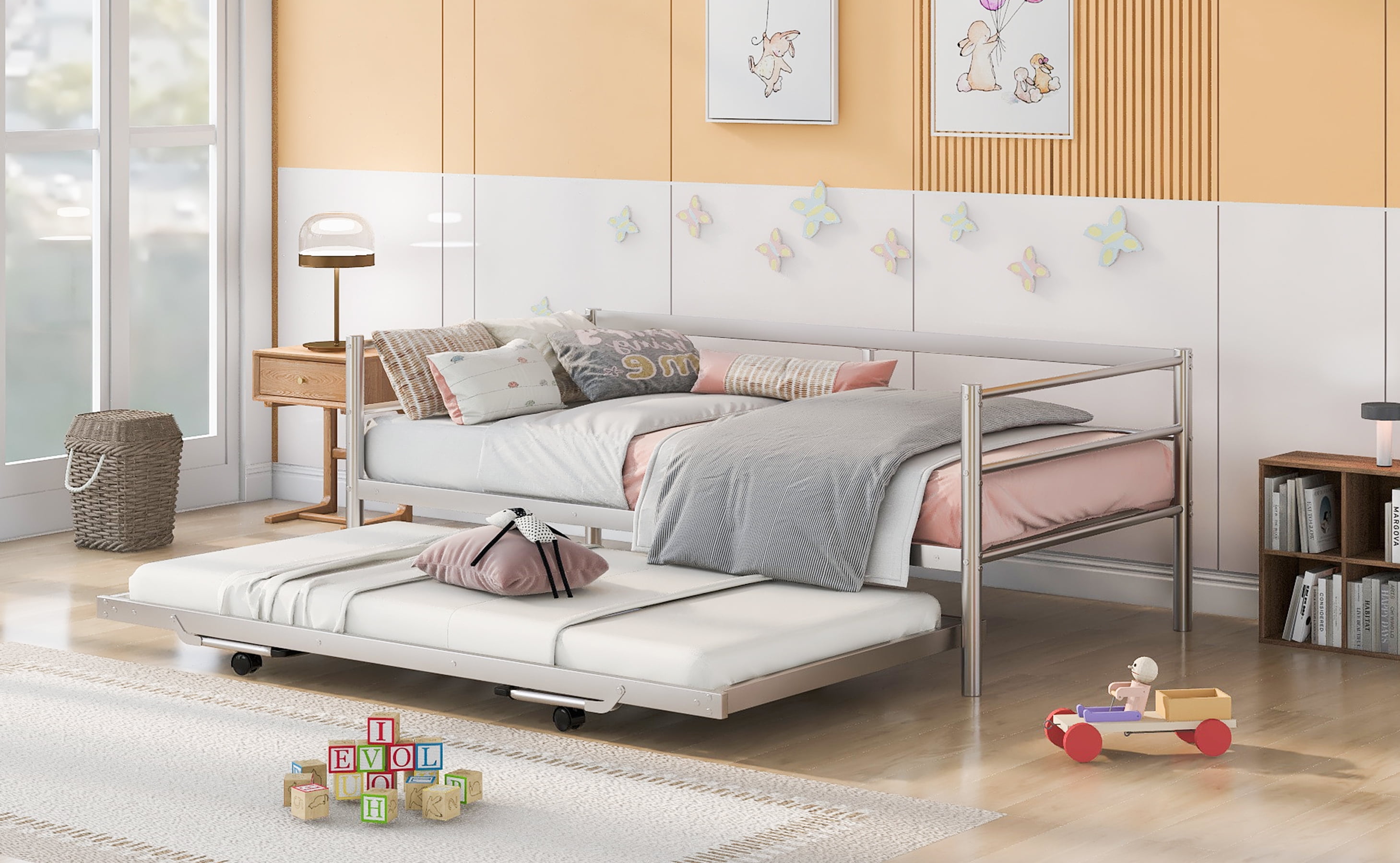 Twin Size Metal Daybed with Adjustable Trundle - Heavy-Duty Steel Daybed with Pop Up Trundle Bed - Silver