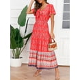 thumbnail image 2 of Mialoley Femmes Robe Longue, Élégante Manches Courtes V Cou Graphique Imprimé en Vrac Plage Robe Robe de Vacances, 2 of 9