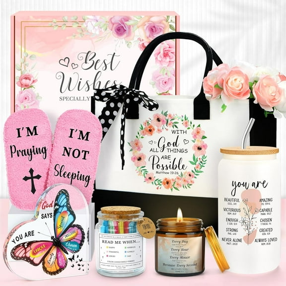 Christian Gifts for Women Faith Based Gift Inspirational Gifts for Women Birthday Unique Catholic Gift Bible Accessories Inclue Bible Verse Jar Butterfly Decorations Socks Glass Can Candles Tote Bag
