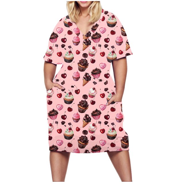 Ovzne Robes Grande Taille pour Femmes aux Formes Robe de Plage Robe Grande Taille pour Femmes Style Mignon Imprimé Ample Décontractée à Manches Courtes Col en V Longueur Genou Robe pour Femmes à Manches Courtes Imprimée Liquidation