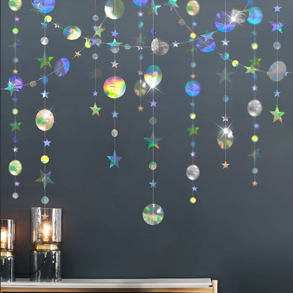 CCOCC 52FT Twinkle Little Star Garlands,Iridescent Holographic Hanging Stars Streamer,Circle Dot Streamer Banner Backdrop,Ramadan Graduation Disco Birthday Decorations Party Supplies