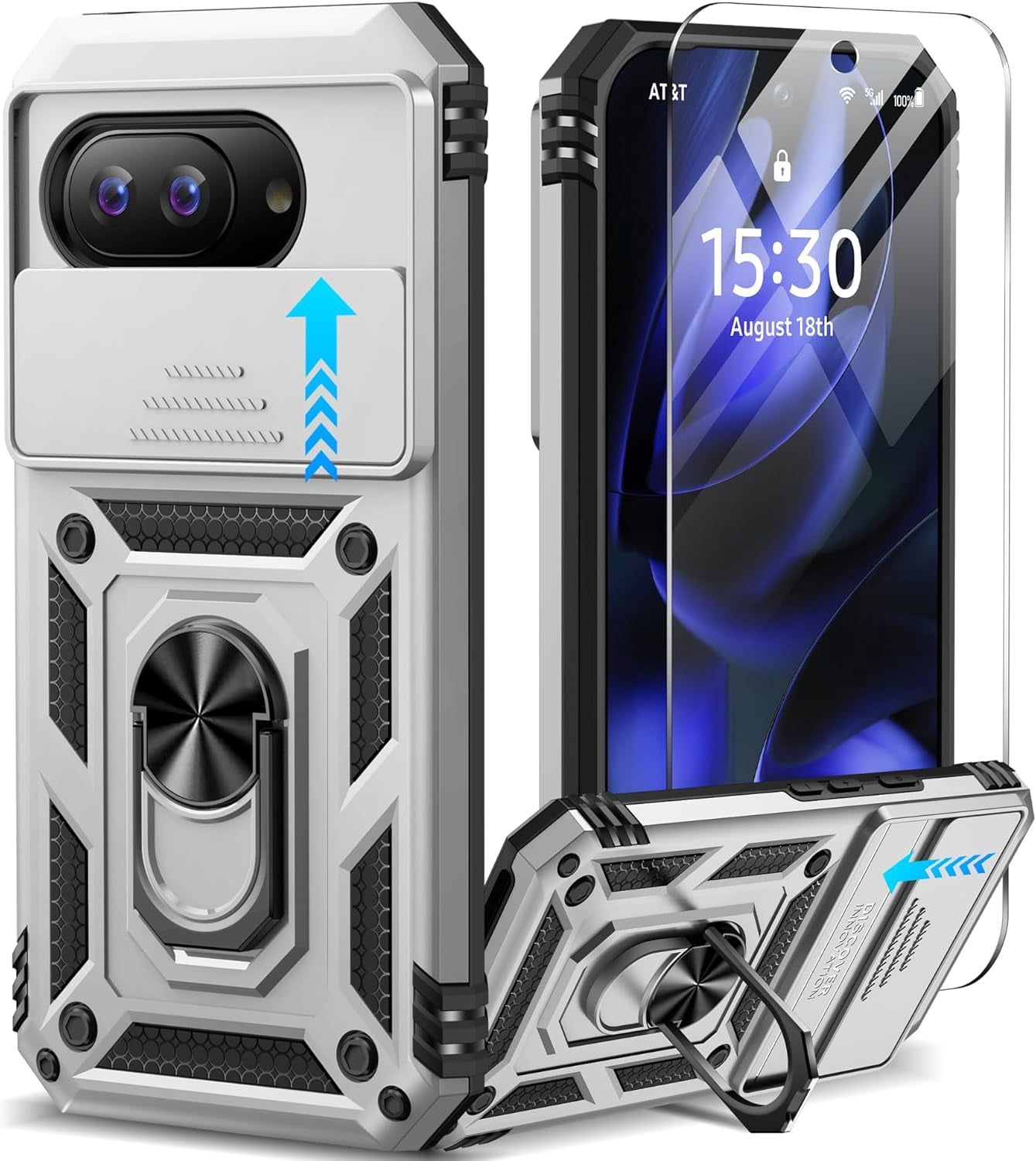KOMI for Google Pixel 9a Case with Slide Camera Cover HD Screen Protector [Military Grade 16ft. Drop Tested] Magnetic Ring Holder Kickstand Protective Phone Case for Google Pixel 9a 2025 (6.3 inch)
