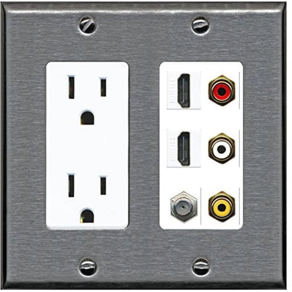 RiteAV - 2 x 15 Amp 125V Power Outlet 3 x RCA - 2 X HDMI and 1 x Coax Cable TV Port Wall Plate - Stainless Steel/White