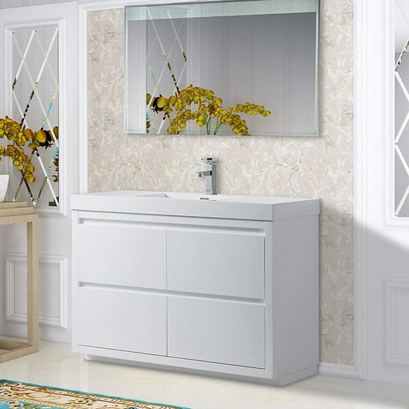 Vanity Art 48 Inches Single Sink Floor Mounted Bathroom Vanity Set 2 Drawers Storage Cabinet with White Engineered Top Undermount Rectangle Sink