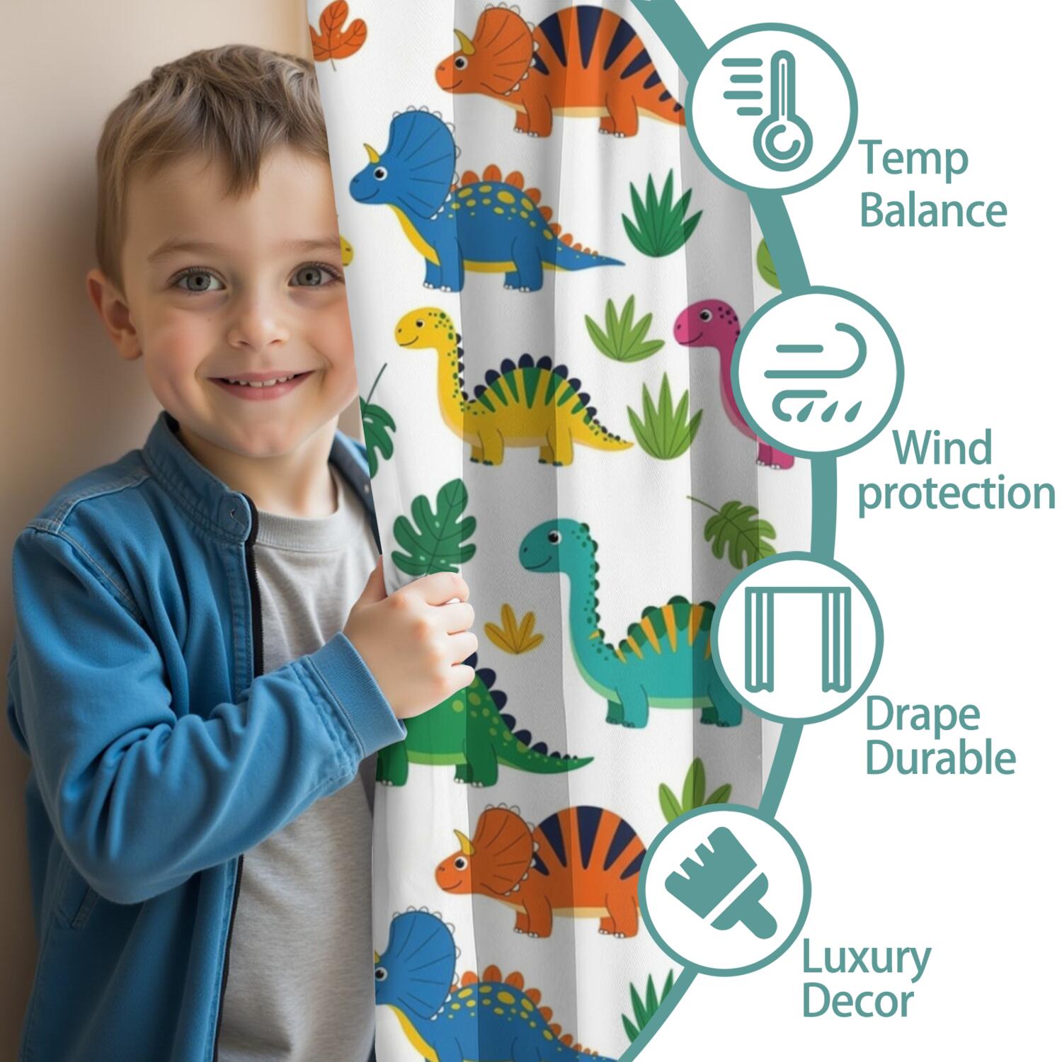 Blackout Kids Curtains,Vivid Colored Dinosaur and Leaf Pattern Childrens Insulated Curtains Set Of 2,Bedroom Essentials,Toddler Room Decor 42"x63"
