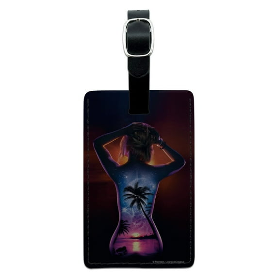 Tropical Sunset Paradise on Woman's Back Rectangle Leather Luggage Card Suitcase Carry-On ID Tag