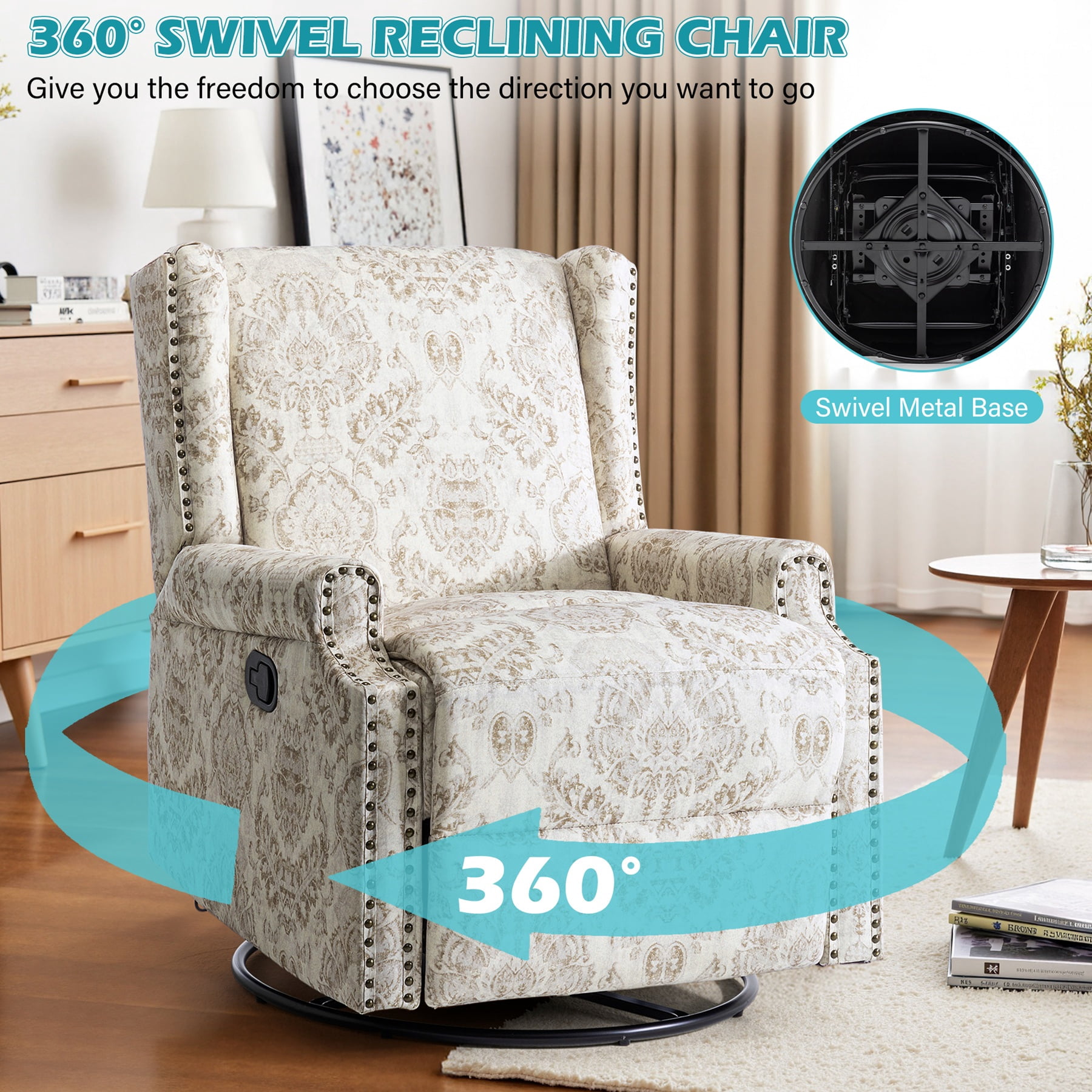 UIXE Swivel Rocker Manual Recliner Chairs Set of 2, Wingback Swivel Glider Fabric Nursery Reclining Sofa Chair, High Back Upholstered Arm Chair for Living Room Bedroom, Beige
