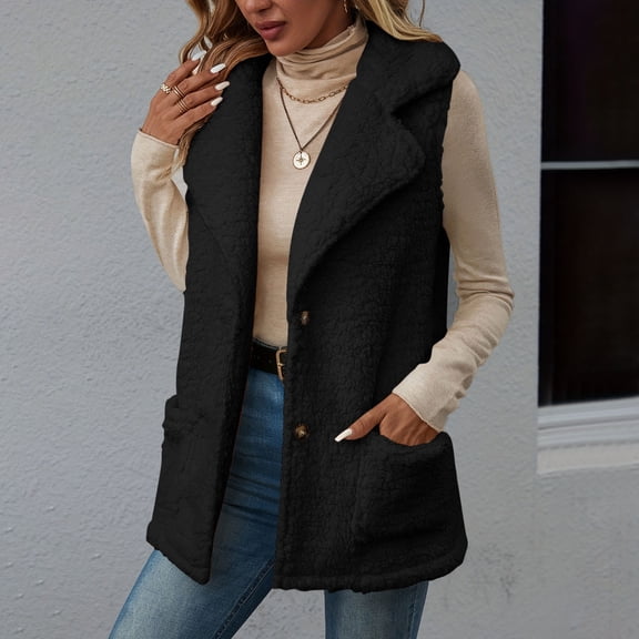 Guieoi Plus Size Jackets Clearance Women's Solid Color Sleeveless Lapel Button Jacket Vest with Pocket Black Black*Friday/Cyber*Monday Clearance