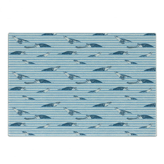 Striped Cutting Board, Turtles and Blue Stripes Abstract Print Aquatic Theme Caretta Ocean Animals Pattern, Decorative Tempered Glass Cutting and Serving Board, Small Size, Blue Navy, by Ambesonne