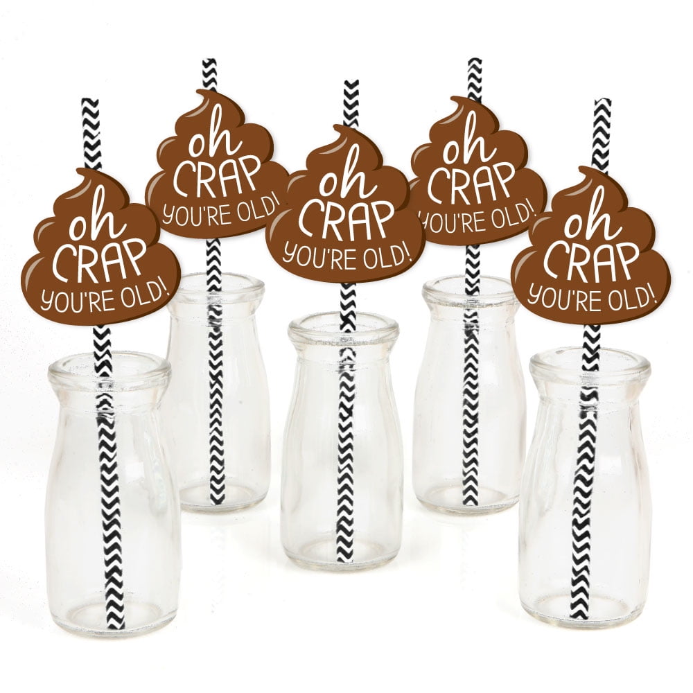 Oh Crap, You're Old! - Paper Straw Decor - Poop Birthday Party Striped Decorative Straws - Set of 24