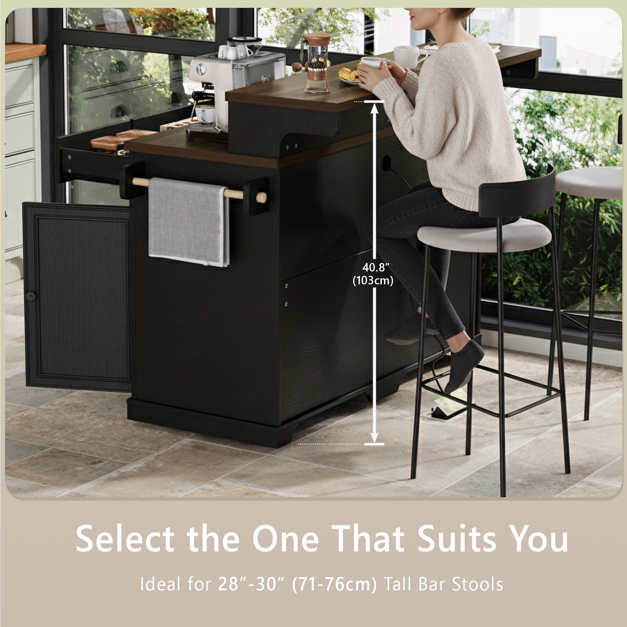 Homy Casa 52" Rolling Kitchen Island Cart with Power Outlet, Raised Bar, Drawers & Shelves, Black