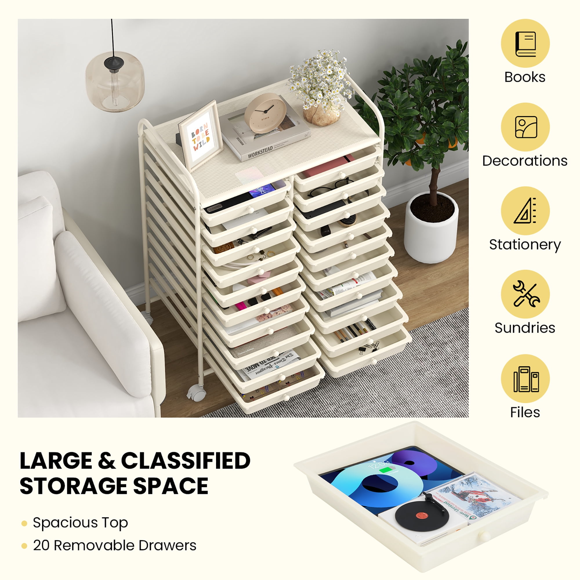 Gymax 20 Drawers Rolling Storage Cart Art Craft Organizer on Wheels Multipurpose White