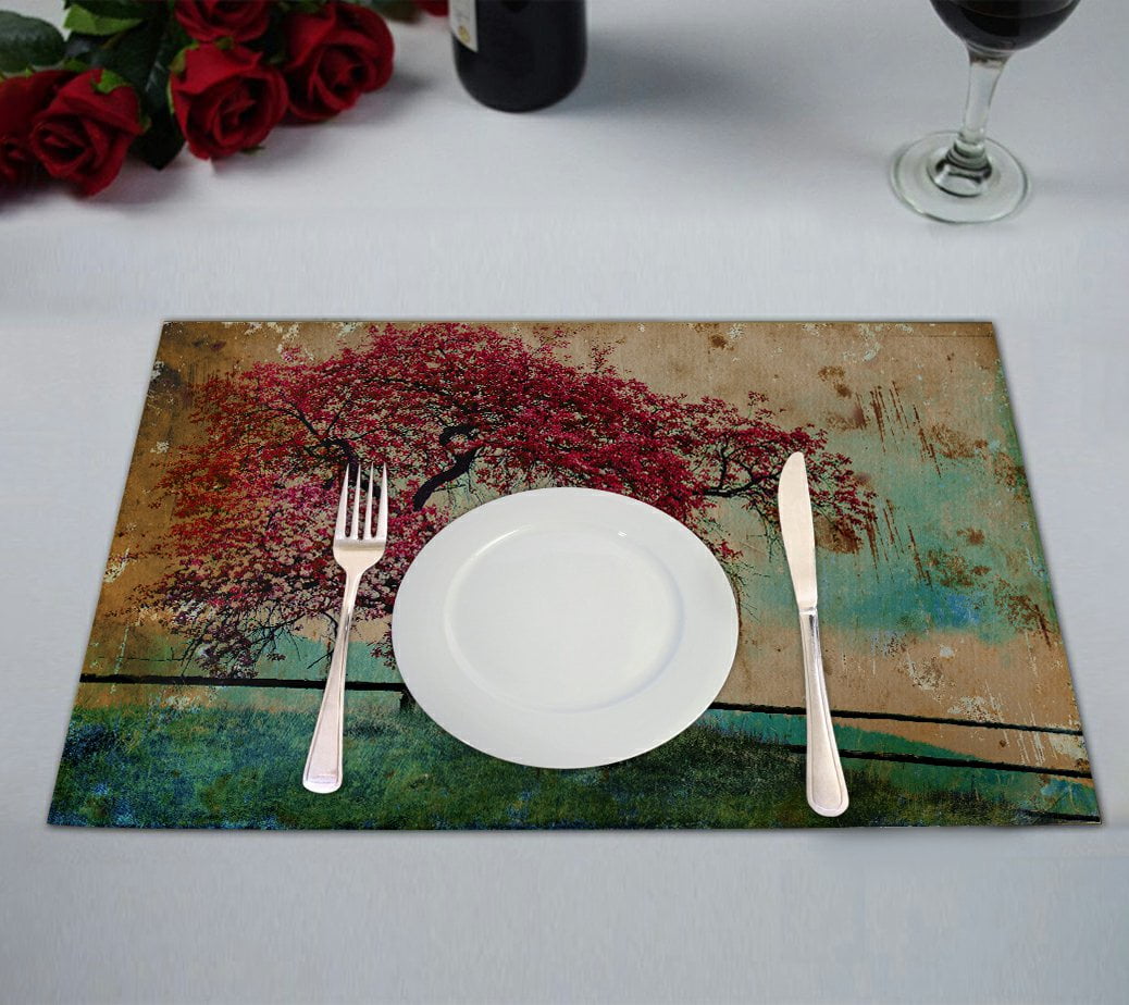 GCKG Oil Painting Placemat, Blossom Tree Beautiful Spring Background Placemat 12x18 Inch,Set of