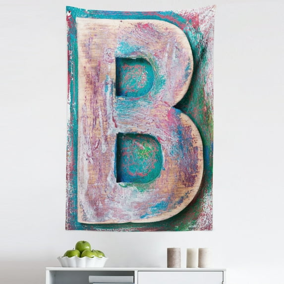 Letter B Tapestry, Old Fashioned Print Method Wood Block Alphabet ABC Type Worn Capital B, Fabric Wall Hanging Decor for Bedroom Living Room Dorm, 5 Sizes, Teal Ivory Dark Coral, by Ambesonne