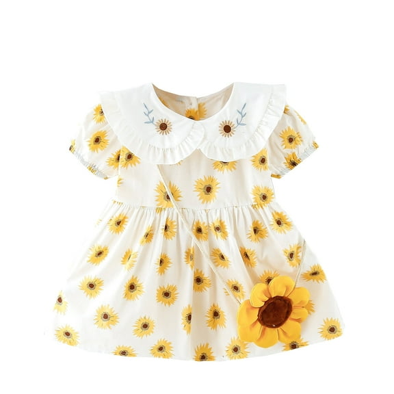Odeerbi Girls Dresses Baby Girl Clothes Toddler Infant Short Sleeve Sunflower Printed Dress Princess Dress
