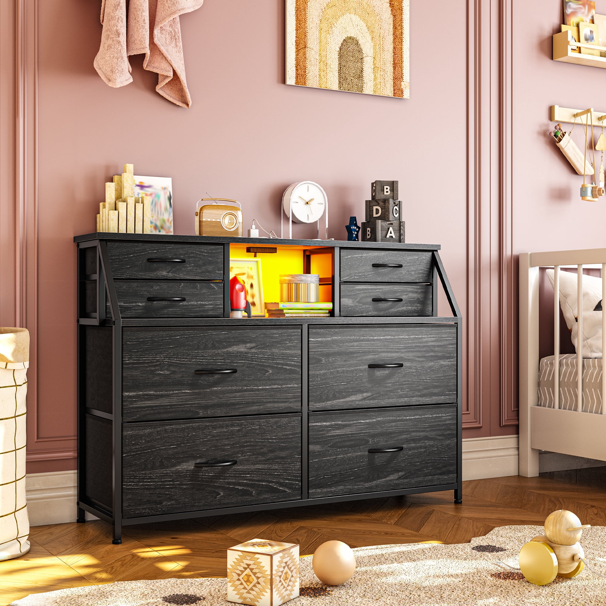 EnHomee Dresser for Bedroom with Power Strip & LED Lights Fabric Dresser with Open Shelves Chest of Drawers for Living Room, Black