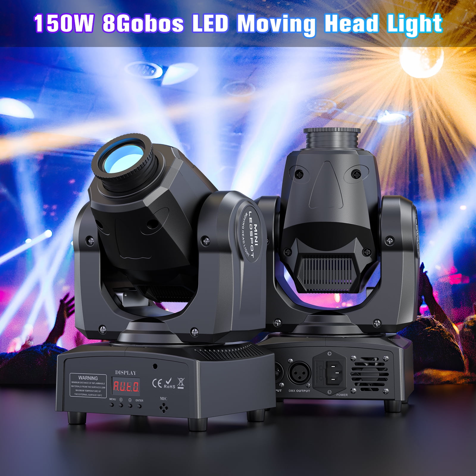 2Packs 60W LED Moving Head Light Stage Lights with Remote Control 7 GOBO 7 Colors Spotlight by DMX Controlled 11 Channel with Sound Activated for Disco Club Party Stage Lighting Shows