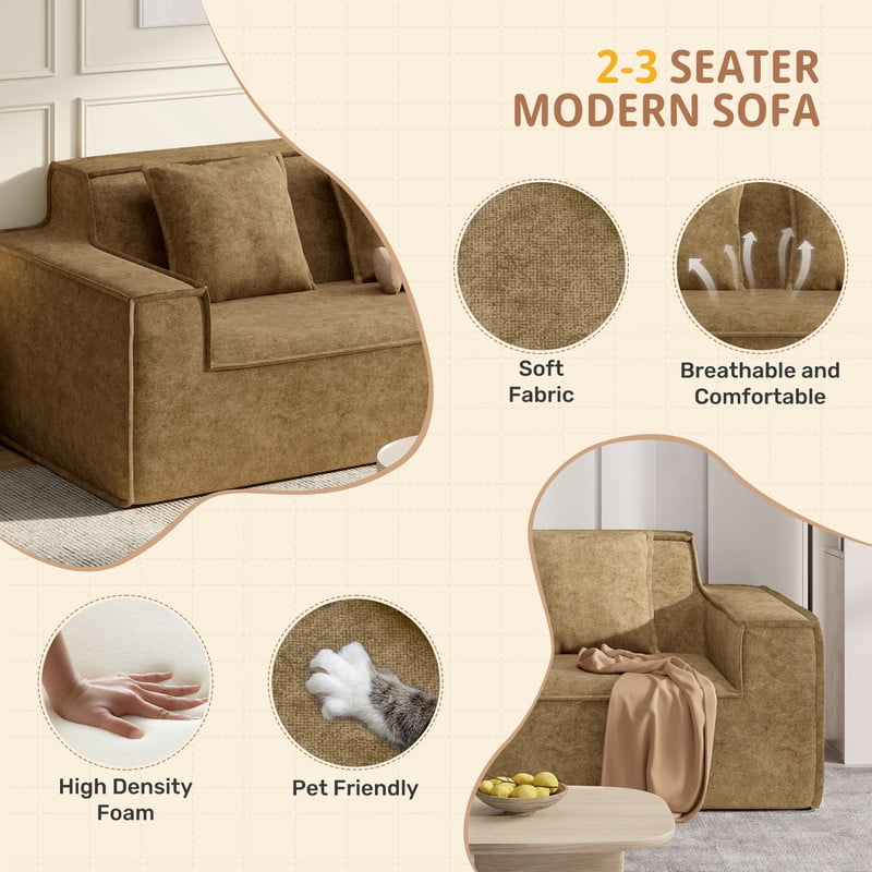 Hawsaiy 75" Pet-Friendly Cat-Scratch Fabric Loveseat Sofa with Wide Armrests & Removable Pillows, No Assembly Foam Couch, Vacuum Packed, High-Density Support, Brown