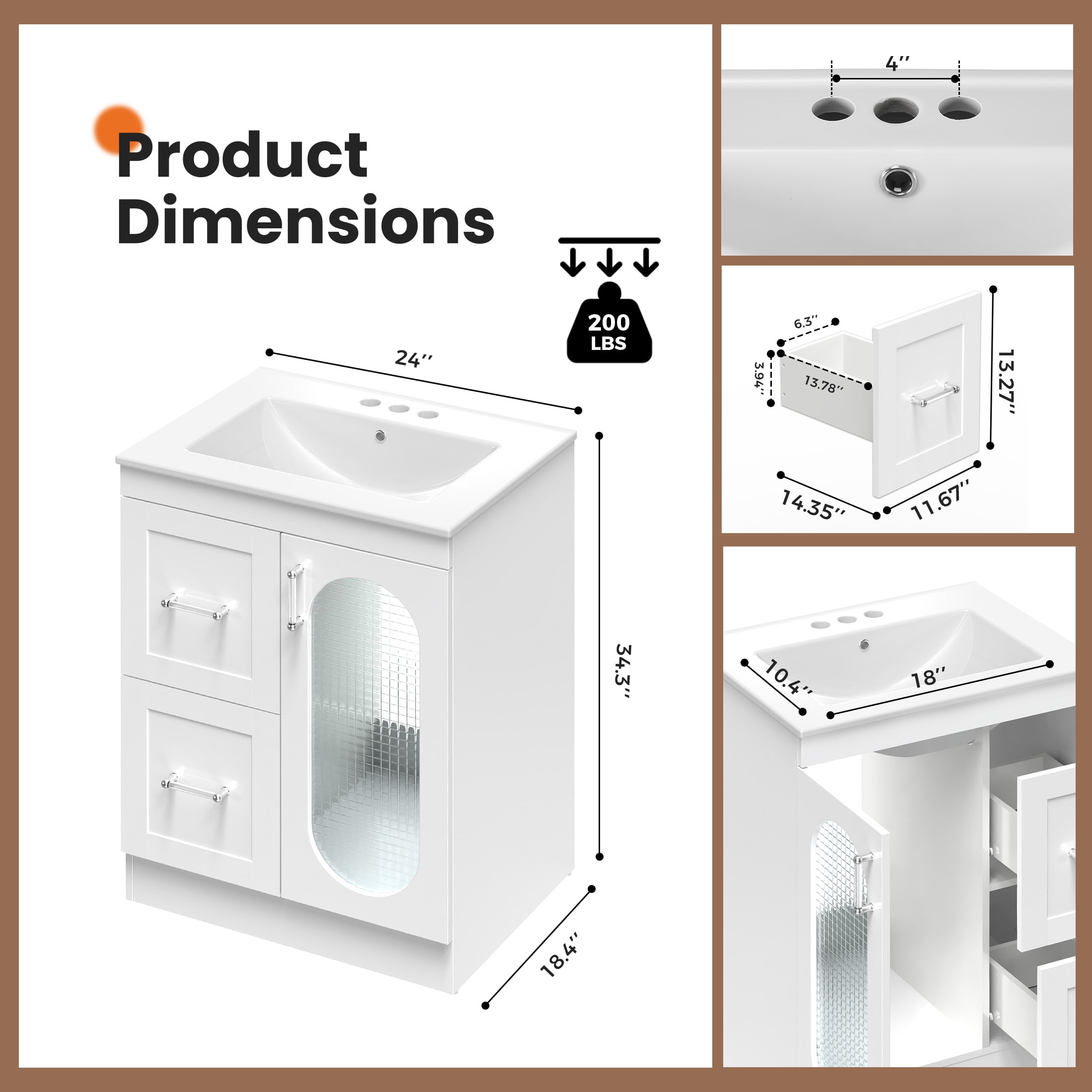 EDX 24-inch Bathroom Vanity Cabinet, Freestanding Modern Cabinet Vanity with Sink, 1 Soft-Closing Doors & 2 Drawers,White