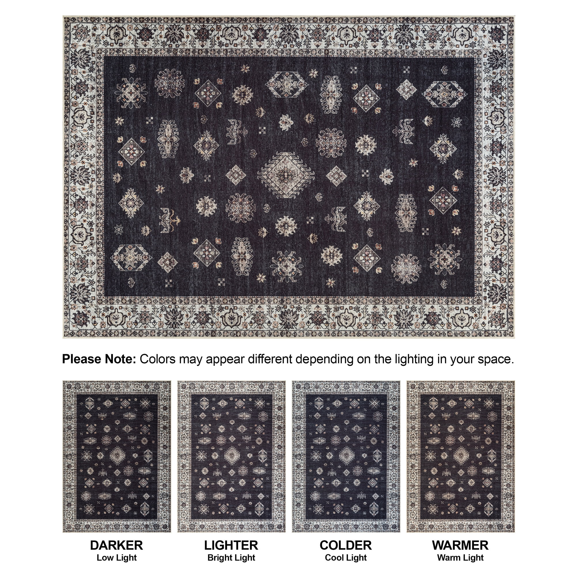 Bloom Rugs Washable Non-Slip 8' x 10' Rug - Black / Ivory Traditional Oriental Area Rug for Living Room, Bedroom, Dining Room, and Kitchen - Exact size: 8' x 10'