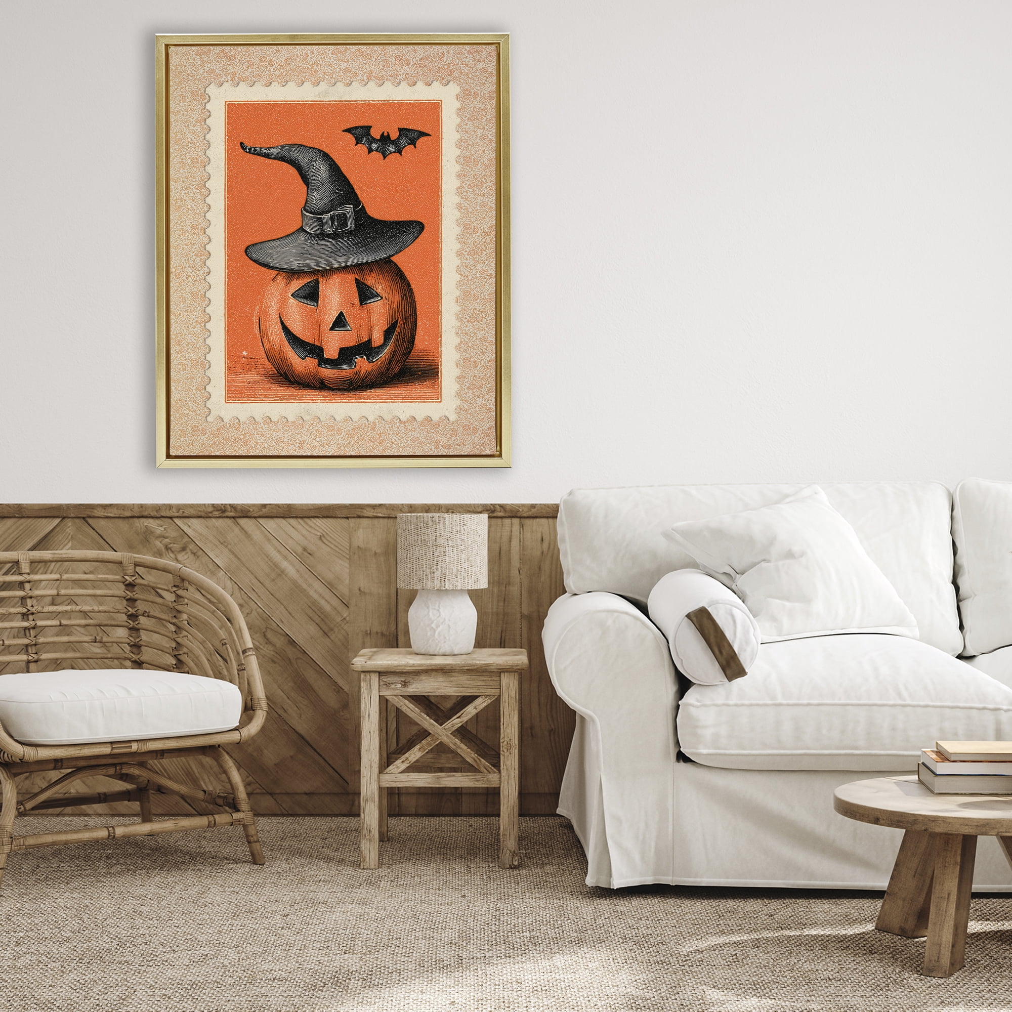 Vintage Jack-o-Lantern Stamp Gold Framed Floater Canvas Wall Art, design by Arlington Prints