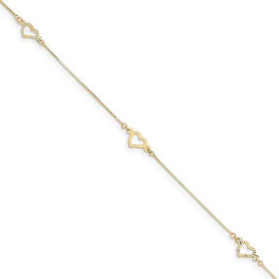 Real 14kt Yellow Gold Adjustable Fancy Heart 9in Plus 1in Ext. Anklet; 9 inch; for Adults and Teens; for Women and Men