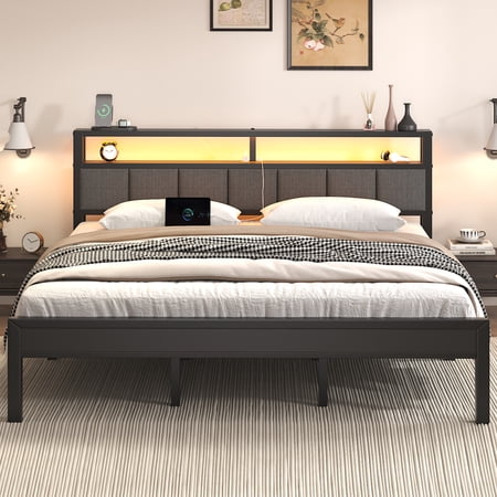 King Size Metal Bed Frame with Charging Station & LED Lights Upholstered Headboard with 5-Tier Storage Sturdy Metal Slats Gray