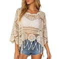thumbnail image 2 of Crochet Tops for Women Summer Lightweight Hollow Out Beach Cover Up Solid Color Swimsuit Coverup 3/4 Sleeve Boho Fringe Trim Vacation Sun Shirts, 2 of 7