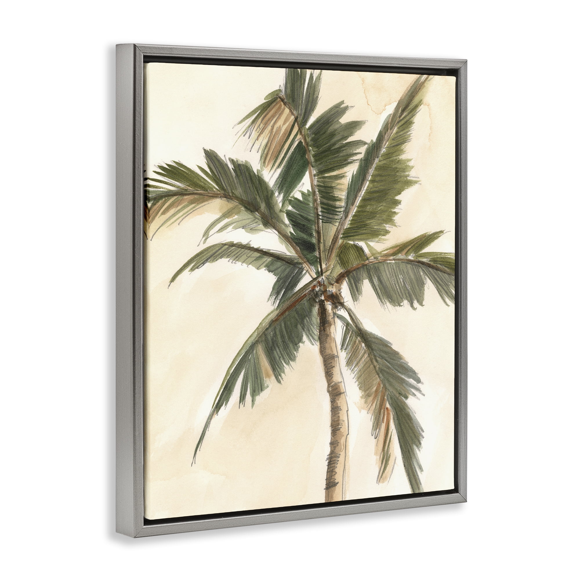 Stupell Industries Muted Palm Tree Plants & Flowers Painting Gray Floater Framed Canvas Art Print Wall Art, 17 x 21