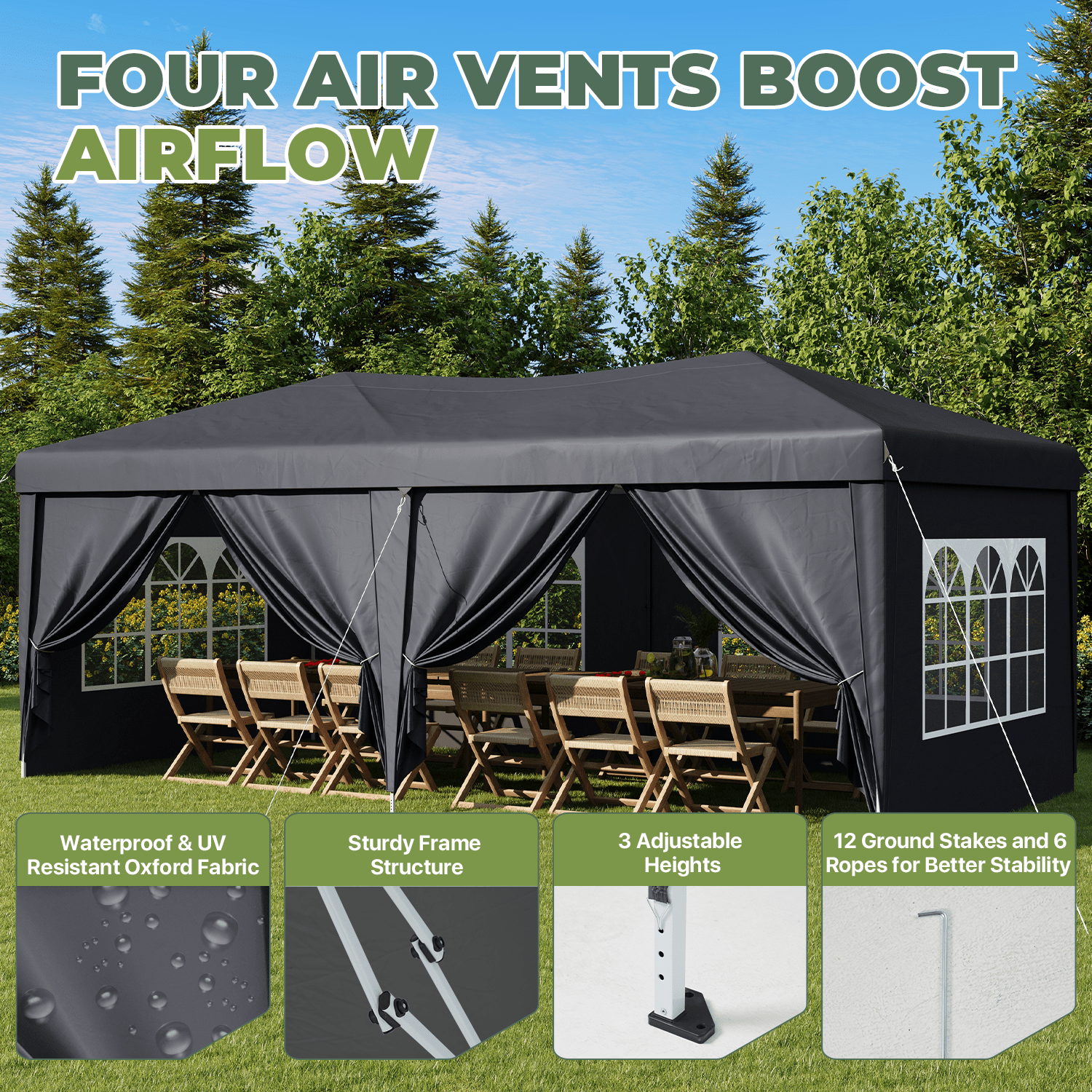 BaPiPro 10'x20' Pop up Canopy Tent, Folding Outdoor Party Wedding Event Tent with 6 Removable Sidewalls, 4 Windows, Portable Instant Shelter Canopy Gazebo, Gray