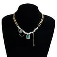 thumbnail image 3 of Elegant Green Zircon Pendant Choker Necklace Ornament for Women Featuring Golden Chains and Imitation Pearls Accent, 3 of 11
