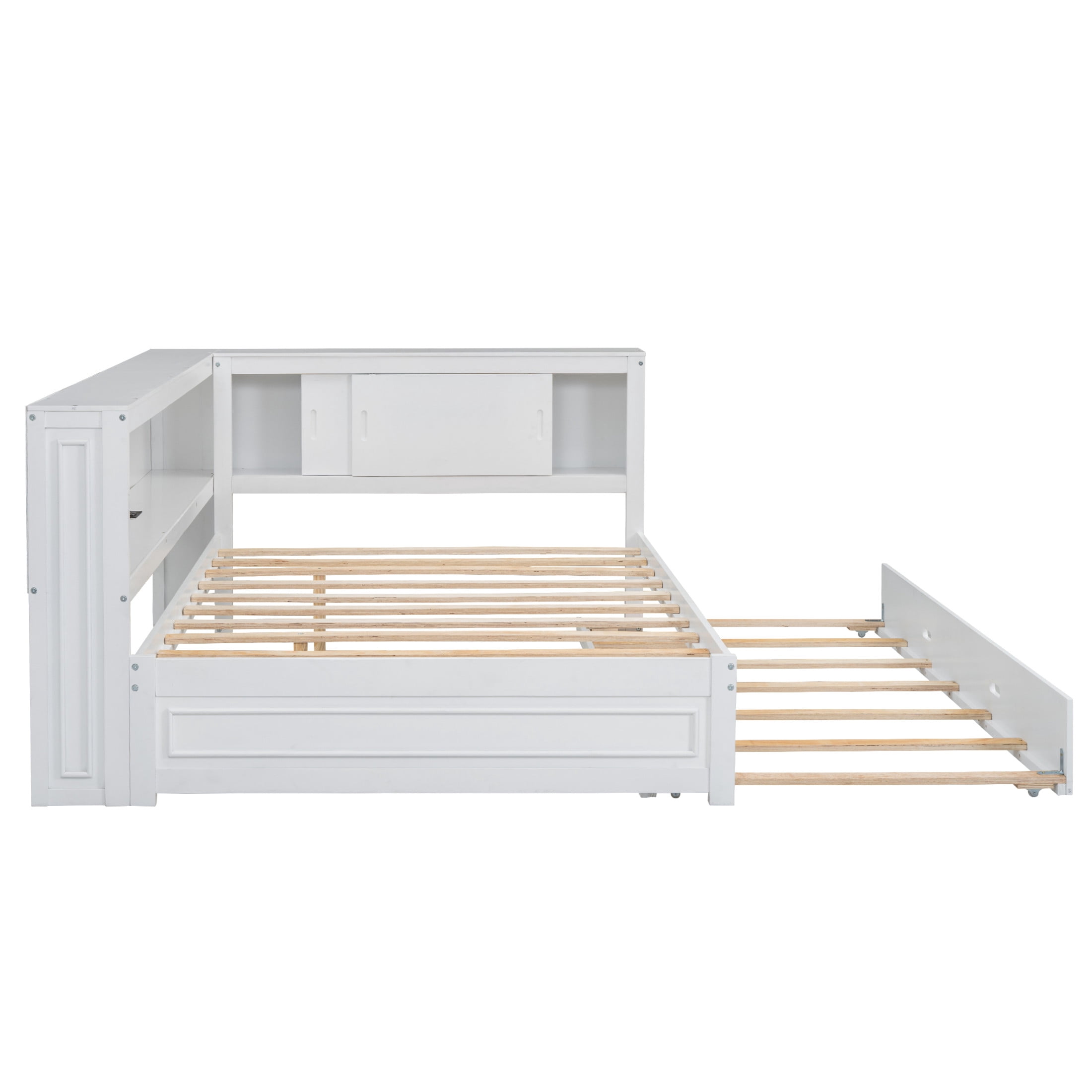 Noble House Sheila Full Wood Daybed with Trundle and LED Lighting, Storage Shelves, USB Charging Port, White