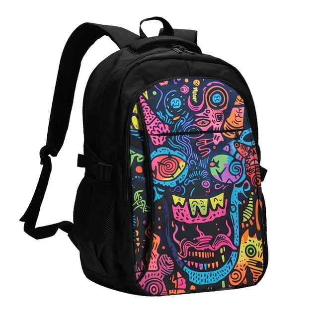 Balery Neon Graffiti Urban Art Mochila con carga USB para hombre y mujer - Mochila impermeable y antirrobo para laptop con puerto USB para viajes, trabajo