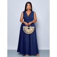 thumbnail image 3 of Plus Size Navy Blue Solid Cross Deep V-Neck A-Line Maxi Dress Loose Flowy Casual Everyday Wear, 3 of 7