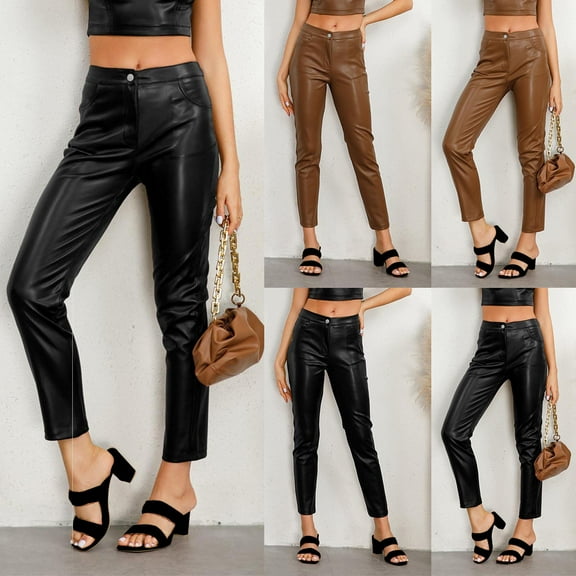 jtjvou Women Elastic Pu Leather Straight Pants High Waist Casual Lady Trousers Slim Leather Long Pants Black L