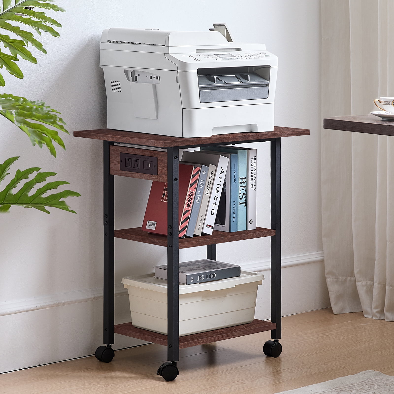 Leyaoyao 3 Tier Heavy Duty Printer Stand, Computer Tower Stand with Industrial Lockable Wheels, Large Mobile Table for Home Office Multi-Equipment Organization, Walnut