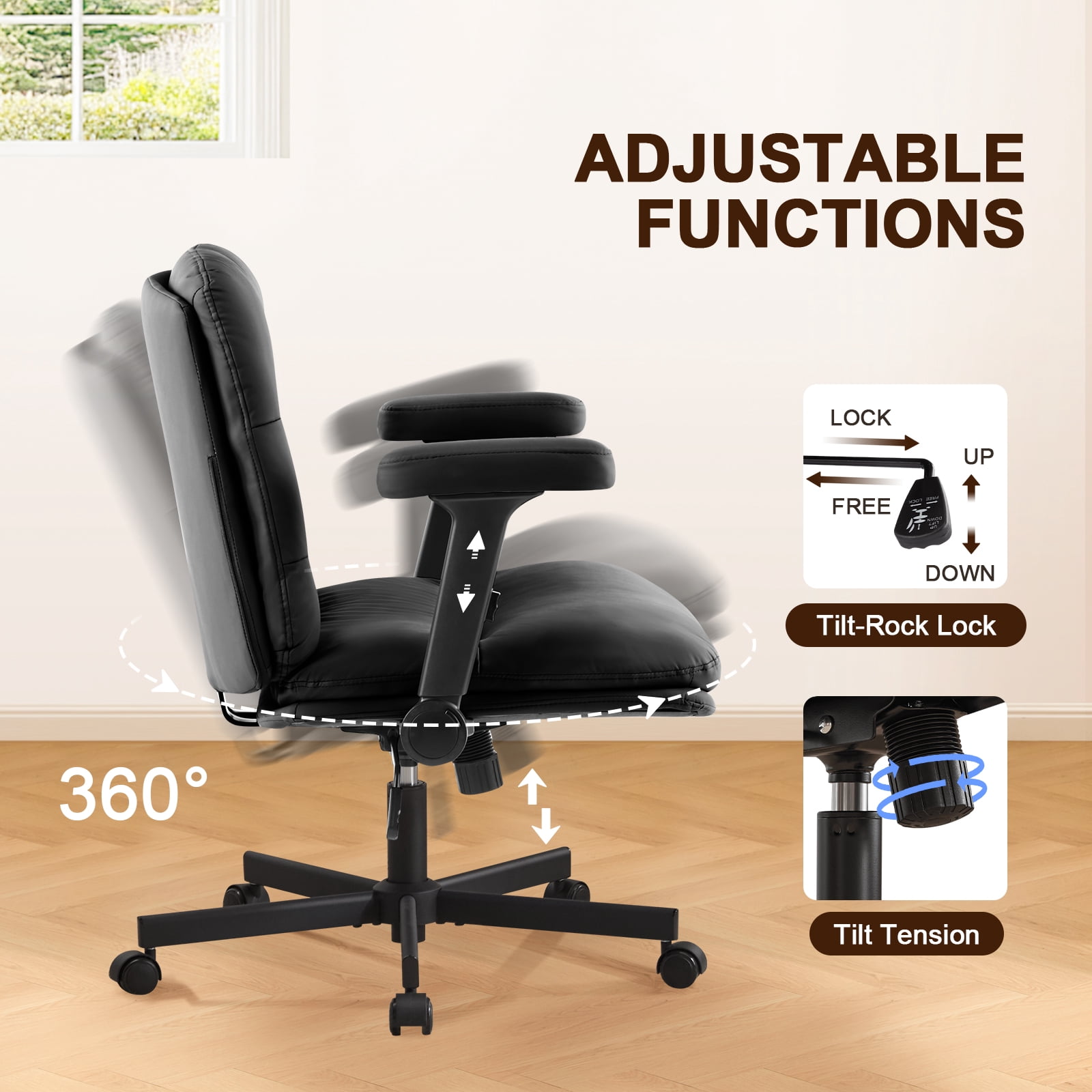 Falvinoryn 25.6" Wide Seat Office Chair, High Back Ergonomic Task Chair with Padded Adjustable Armrests and Double Cushion, Swivel Home Office Desk Chair for Office, Bedroom (Black)