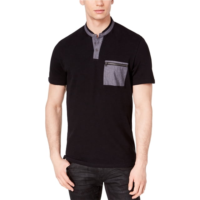 INC - Camiseta henley con bolsillo en contraste para hombre, color negro, XXL